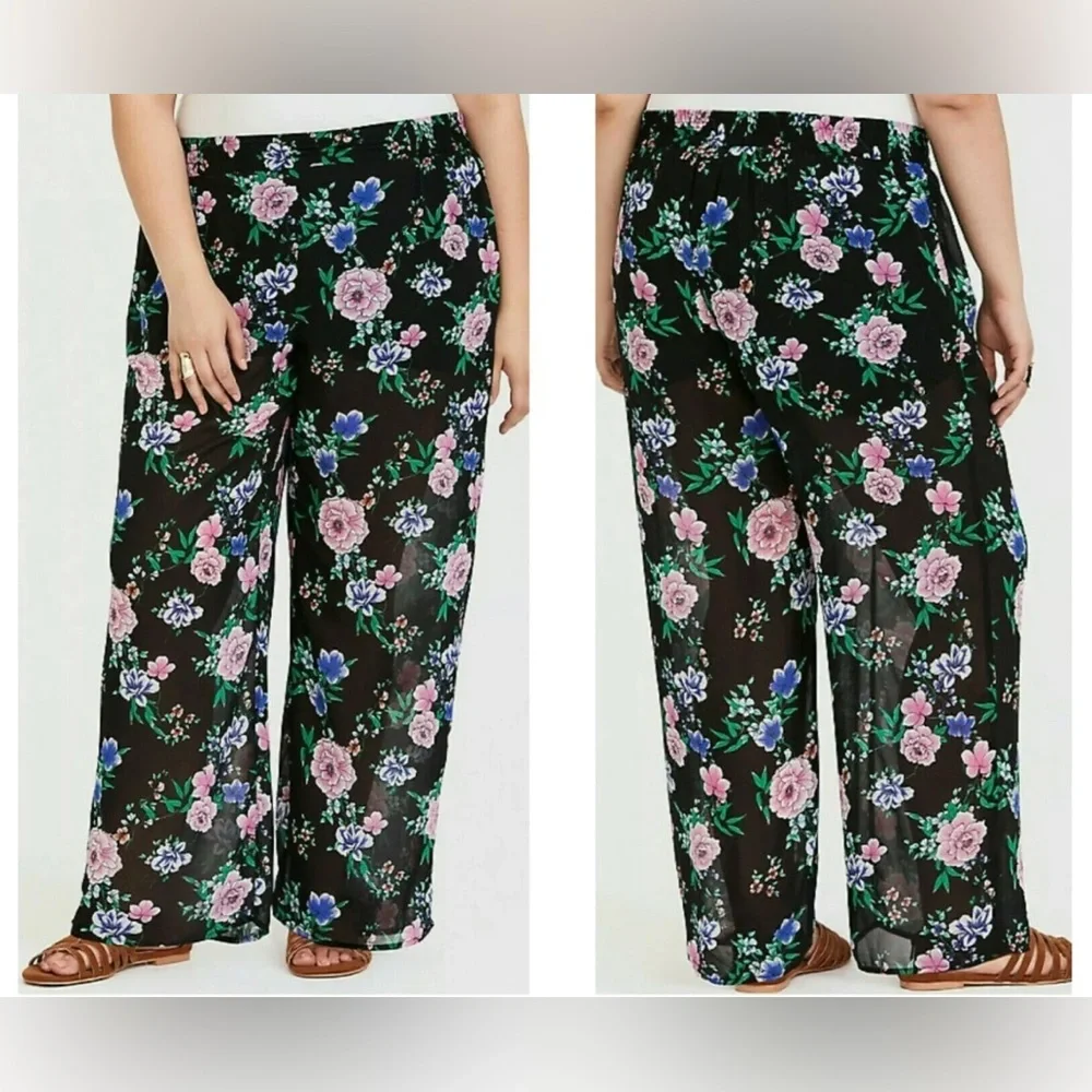 Sold Torrid Floral Black Chiffon Airy Beach Pants w/ Short Lining Size: 1X Plus - Picture 1 of 10